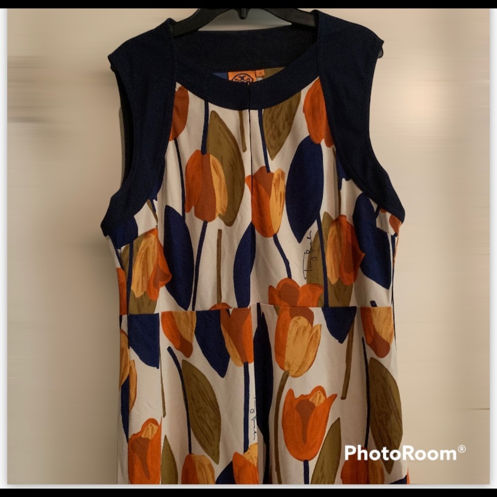 Tory Burch Navy, Orange and Tan Floral Midi Dress - Picture 3 of 6